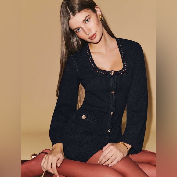 Reformation Priscilla Regenerative Wool Mini Sweater Dress Crochet Navy Large - Picture 2 of 16